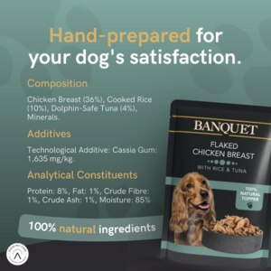 All natural ingredients make this Chicken with Rice & Tuna dog food a delicious choice.